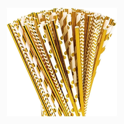 Eco Friendly Gold And White Striped Straws For Hot Drink Paper Wood Material